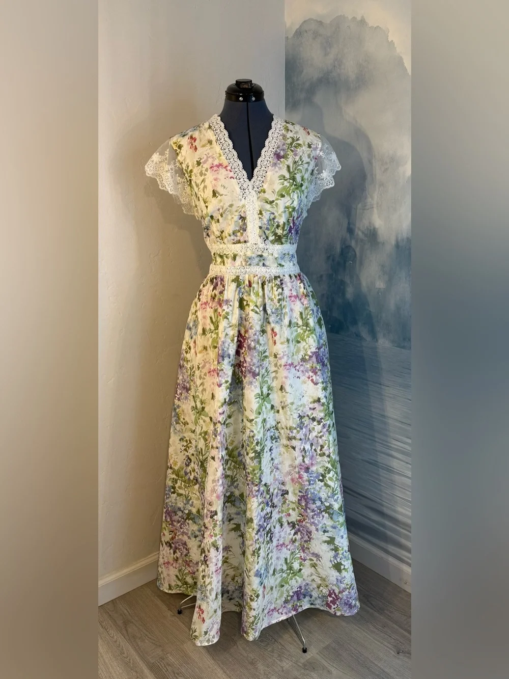 Floral Lace V-Neck Maxi Dress in White and Pastel Floral #260